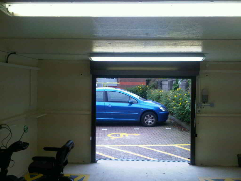 Looking out from inside a mobility scooter garage